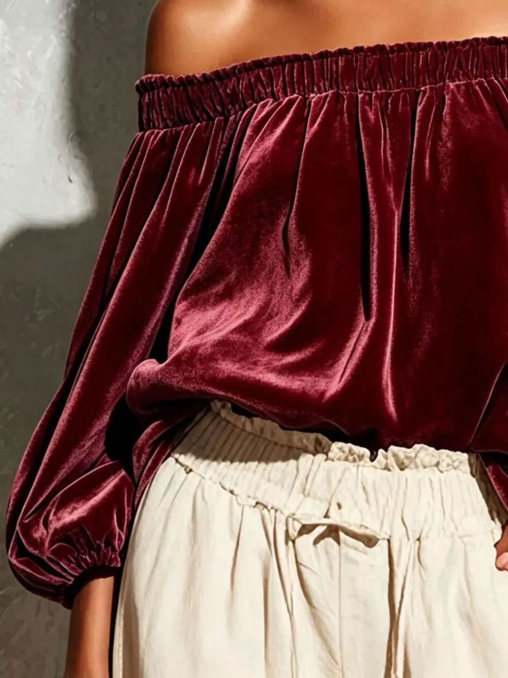 Off-Shoulder Velvet Long Sleeve T-Shirt, image 15