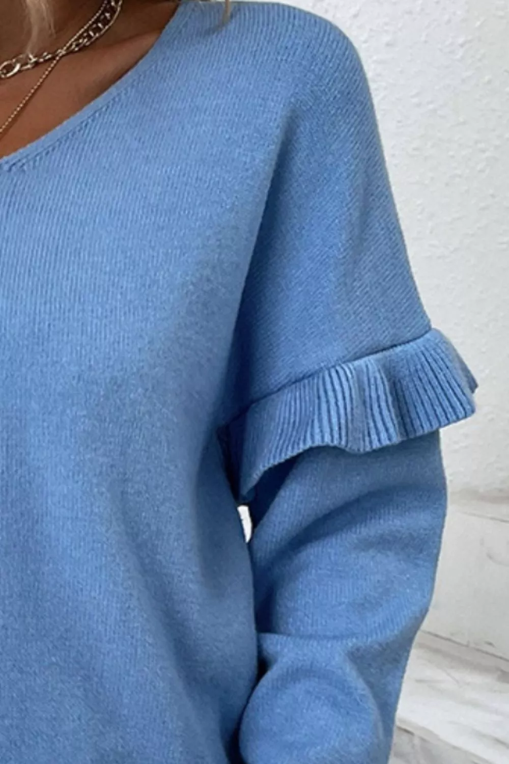 V-Neck Ruffle Trim Long Sleeve Sweater, image 3