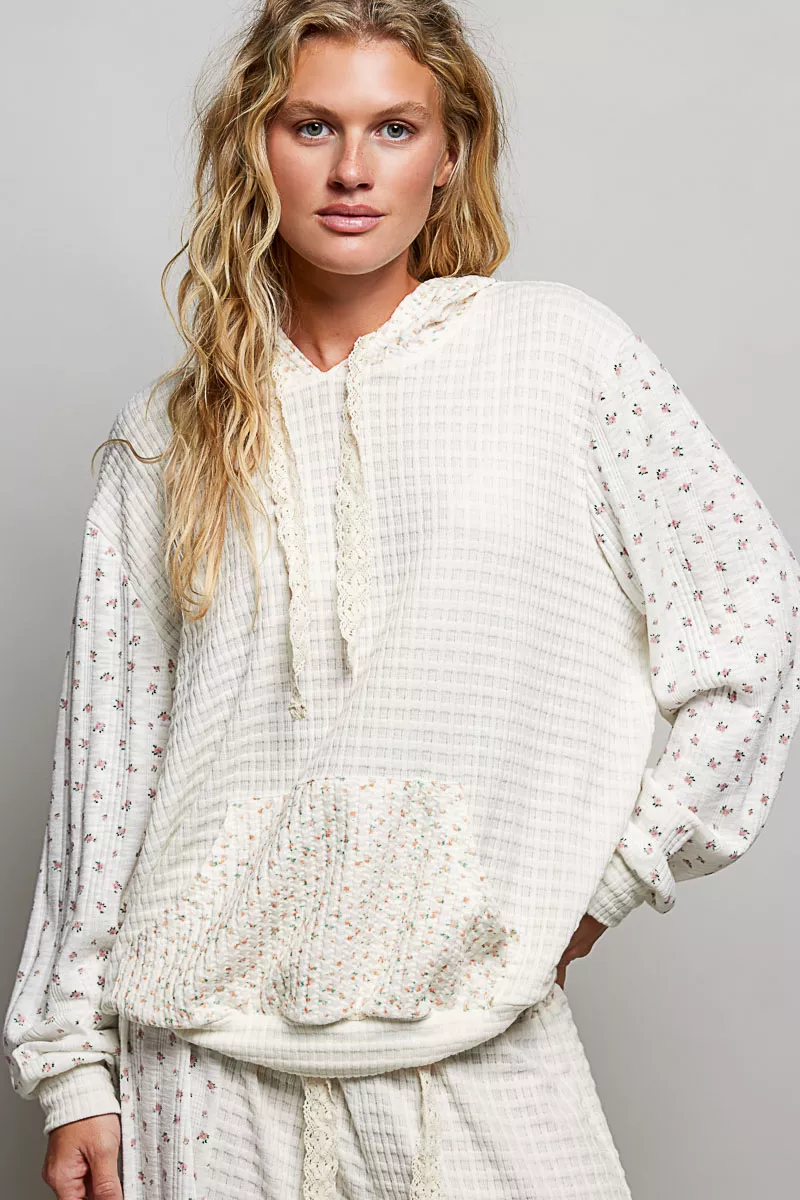 POL Mixed Knit Contrast Print Sleeve Hoodie with Kangaroo Pocket, image 4