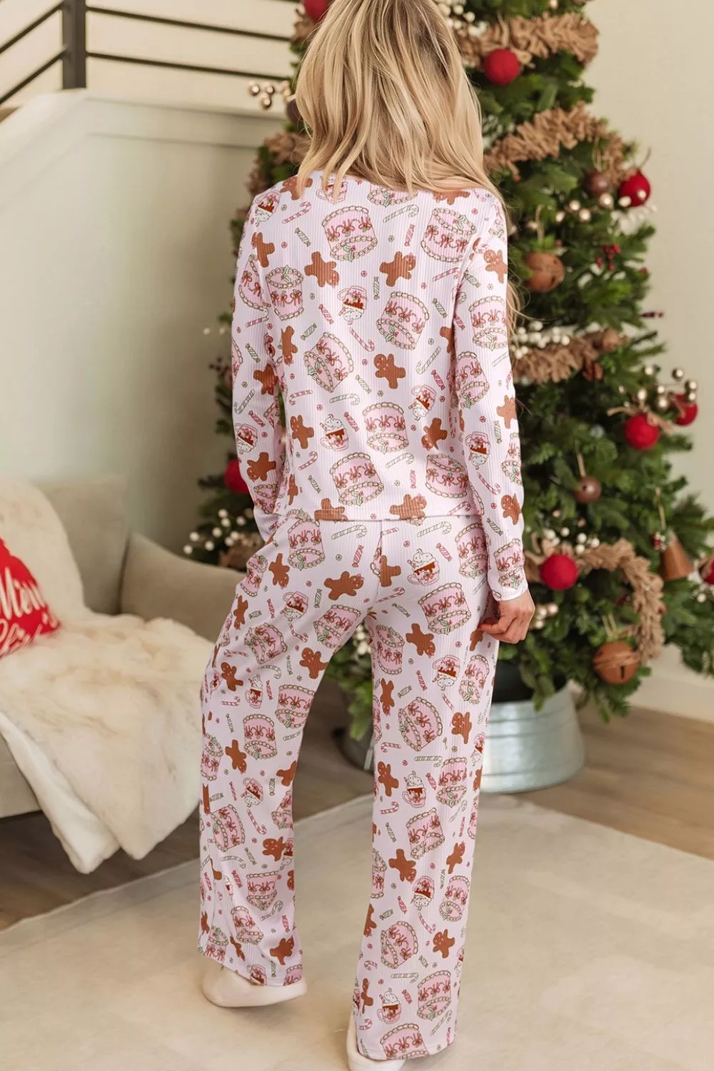 Abstract Christmas Print Long Sleeve Two Piece Lounge Set, image 2