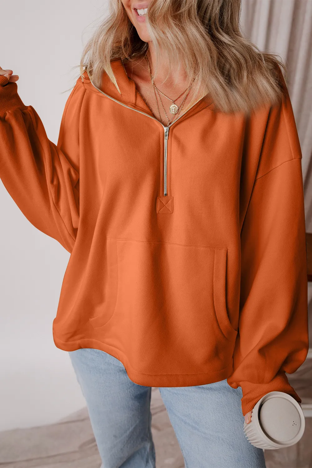 Pocketed Half Zip Dropped Shoulder Hoodie, image 12