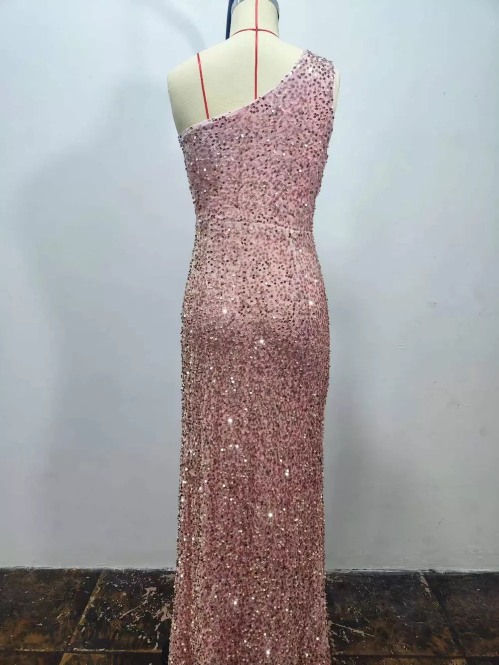 One-Shoulder Ruched Sequin High-Slit Evening Dress, image 14
