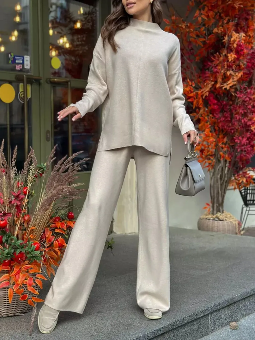 Slit Mock Neck Top and Pants Sweater Set, image 5