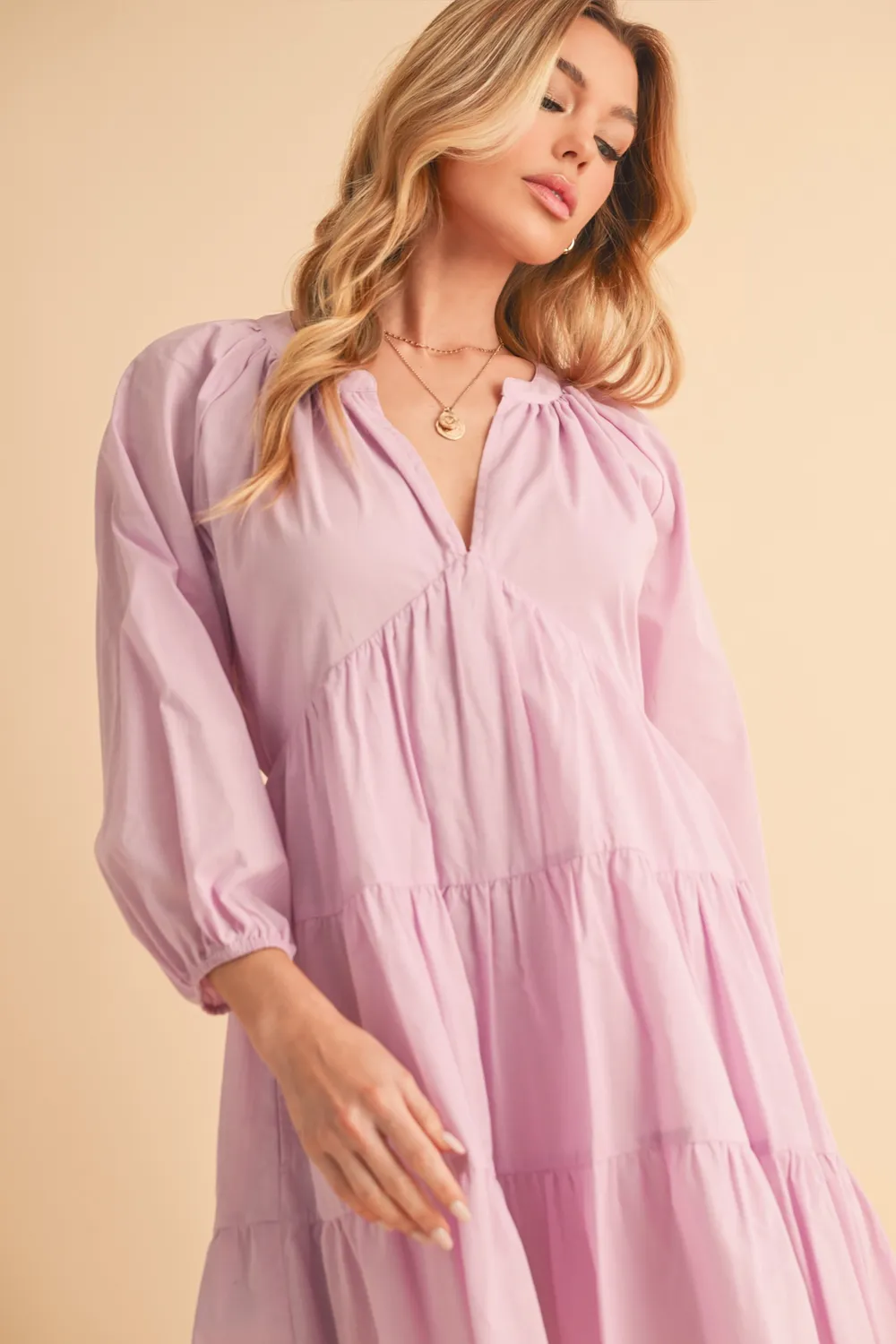 Notched Balloon Sleeve Tiered Mini Dress, image 5