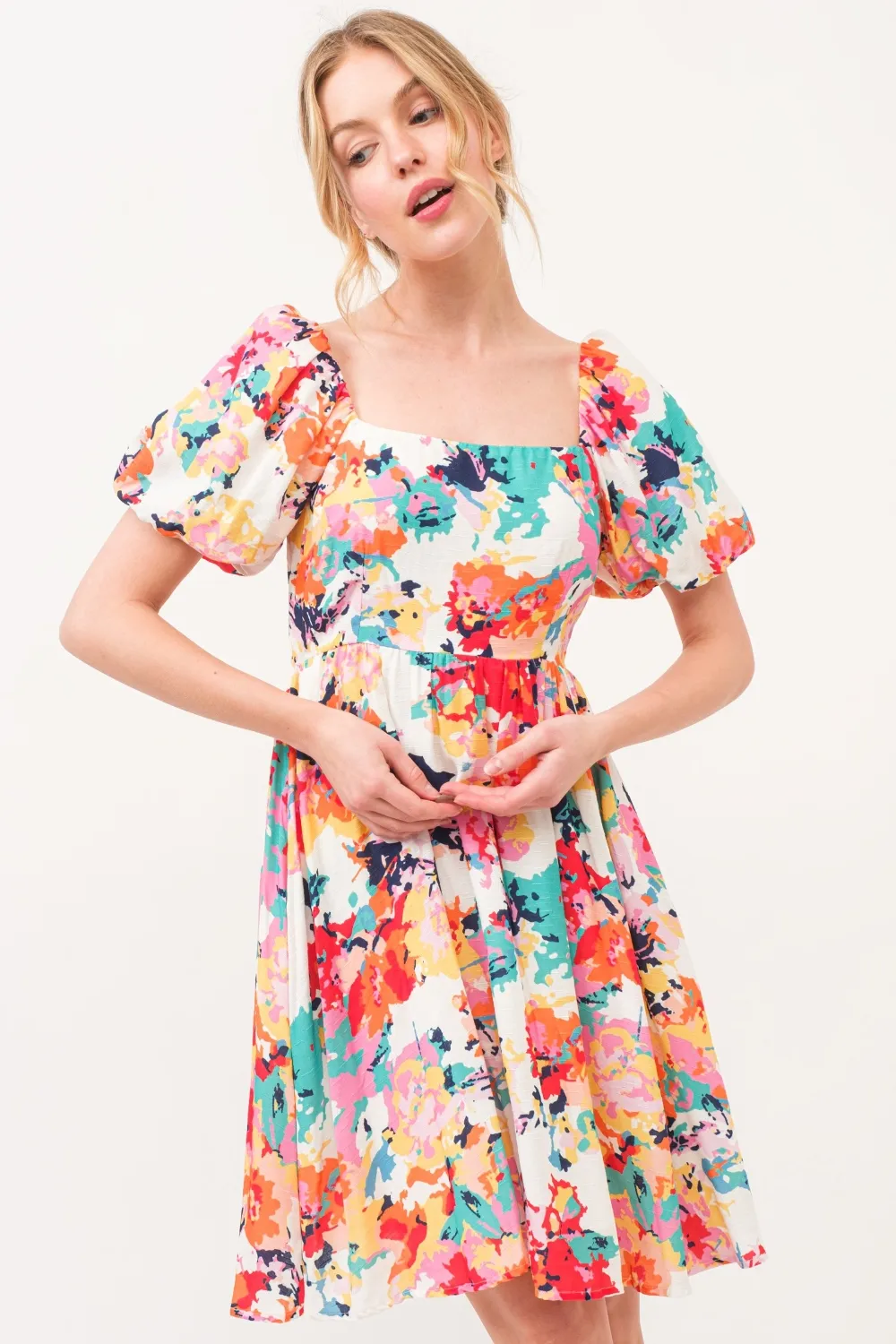 Square Neck Puff Sleeve Floral Dress, image 2