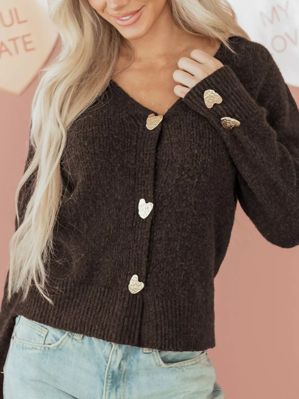 Heart Metal Button V Neck Cardigan Sweater, image 5