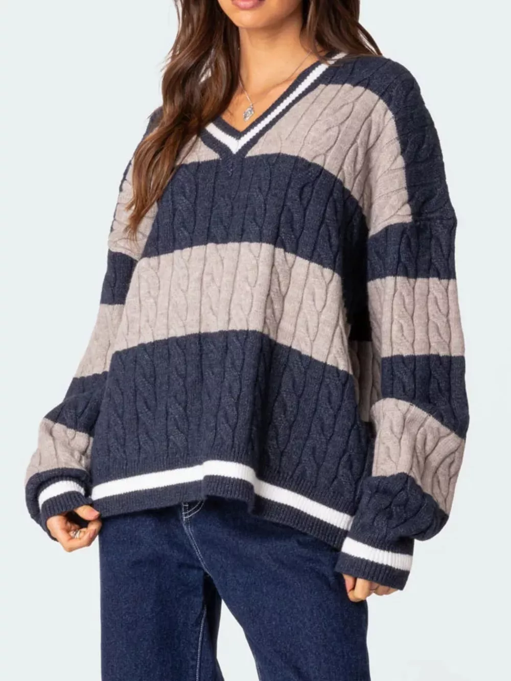 Striped Cable Knit V-Neck Sweater, image 10