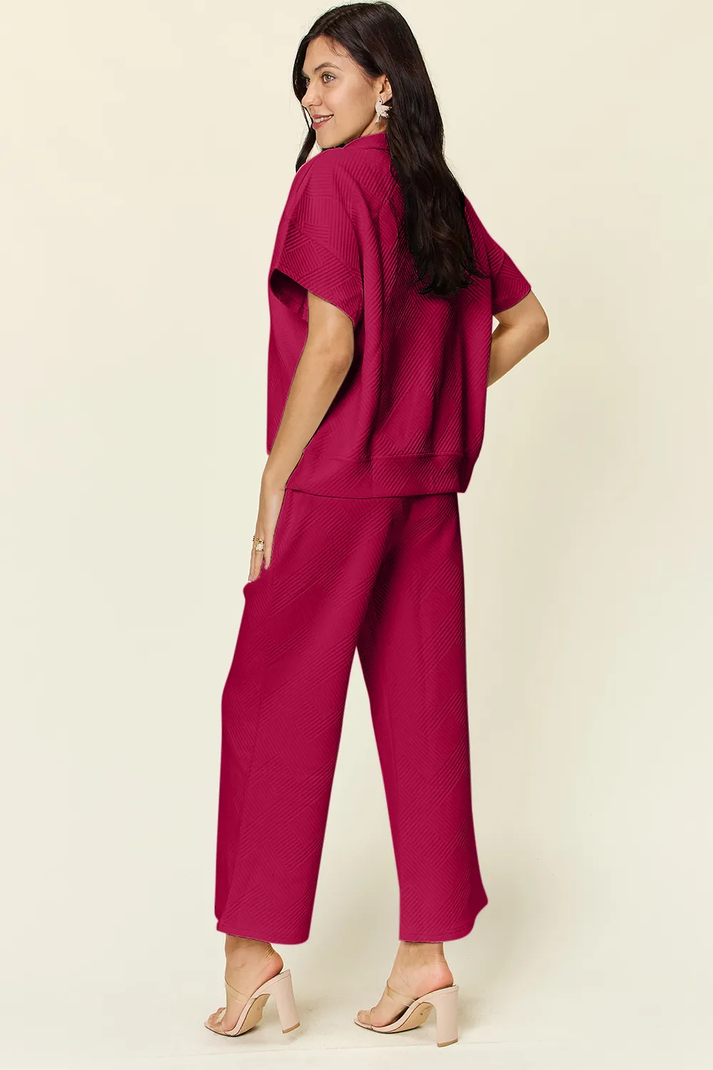 Full Size Texture Half Zip Short Sleeve Top and Pants Set, image 7