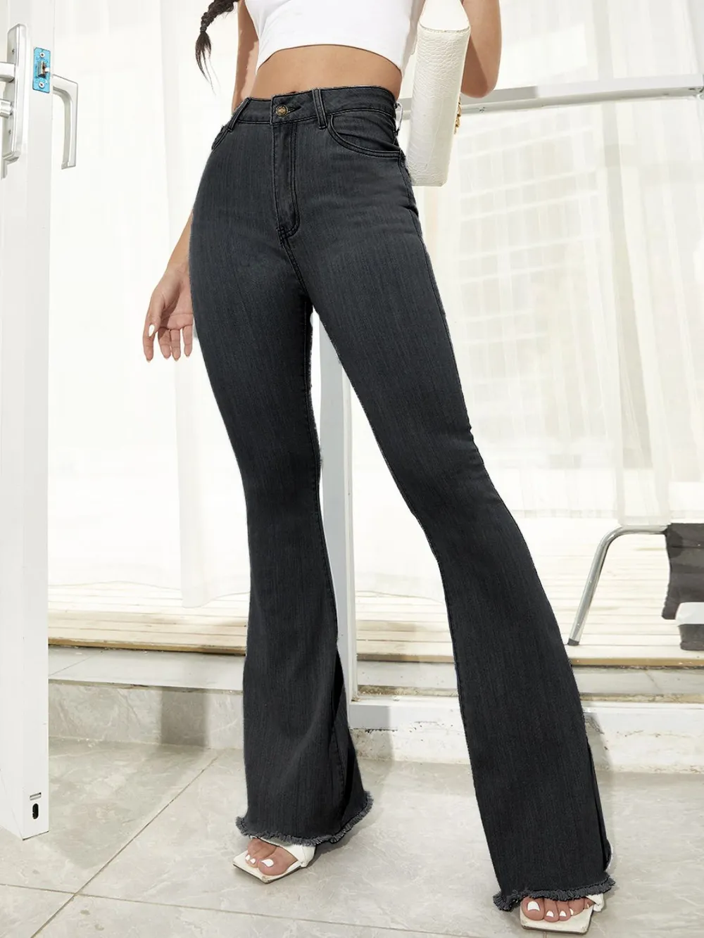 Raw Hem High Waist Flare Jeans, image 5