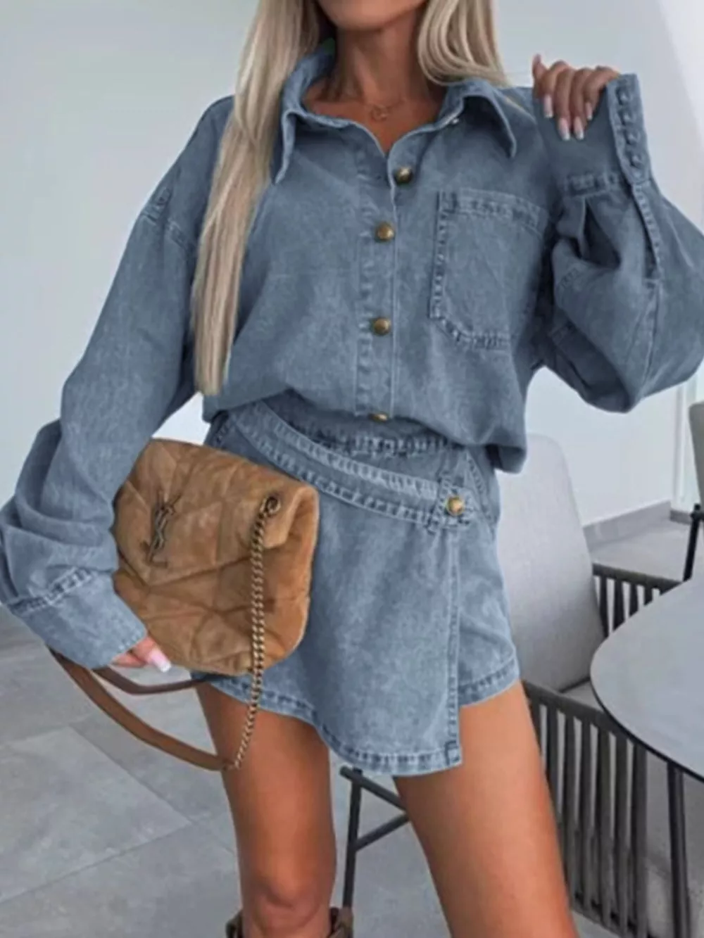 Button-Front Shirt and Mini Skirt Oversized Denim Set, image 2