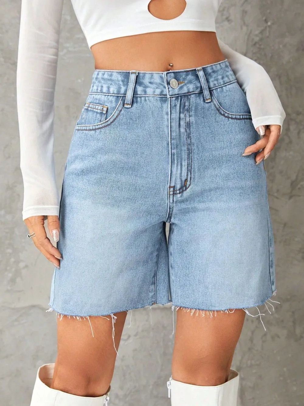 Frayed Hem Denim Shorts, image 3