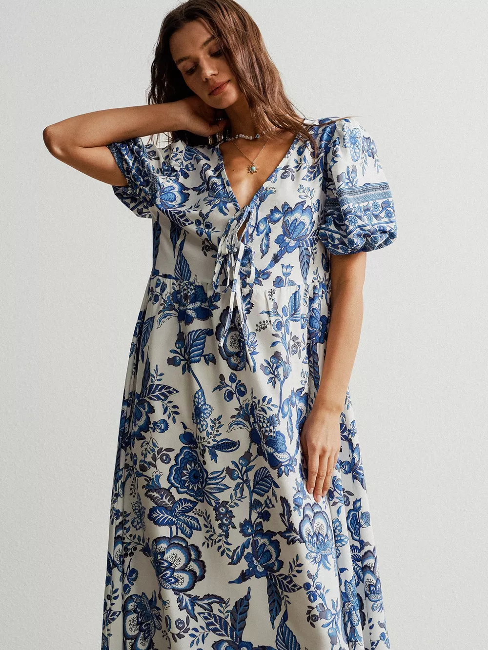 Floral Print Tie-Neck Puff Sleeve Maxi Dress, image 3