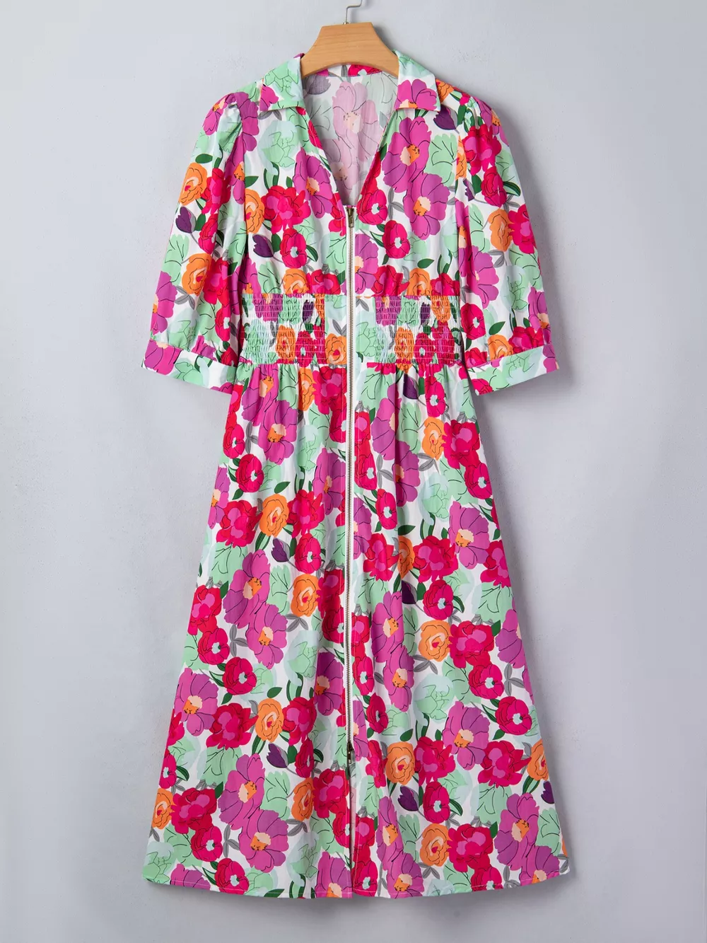 Vibrant Floral Print V Neck Zip Up Puffy Half Sleeve Dress, image 5
