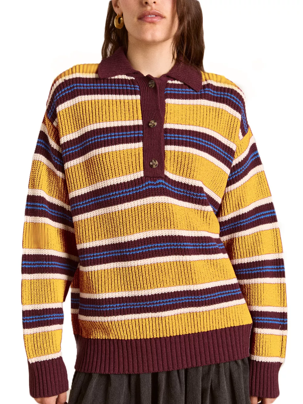 Striped Button Detail Polo Collar Sweater, image 16