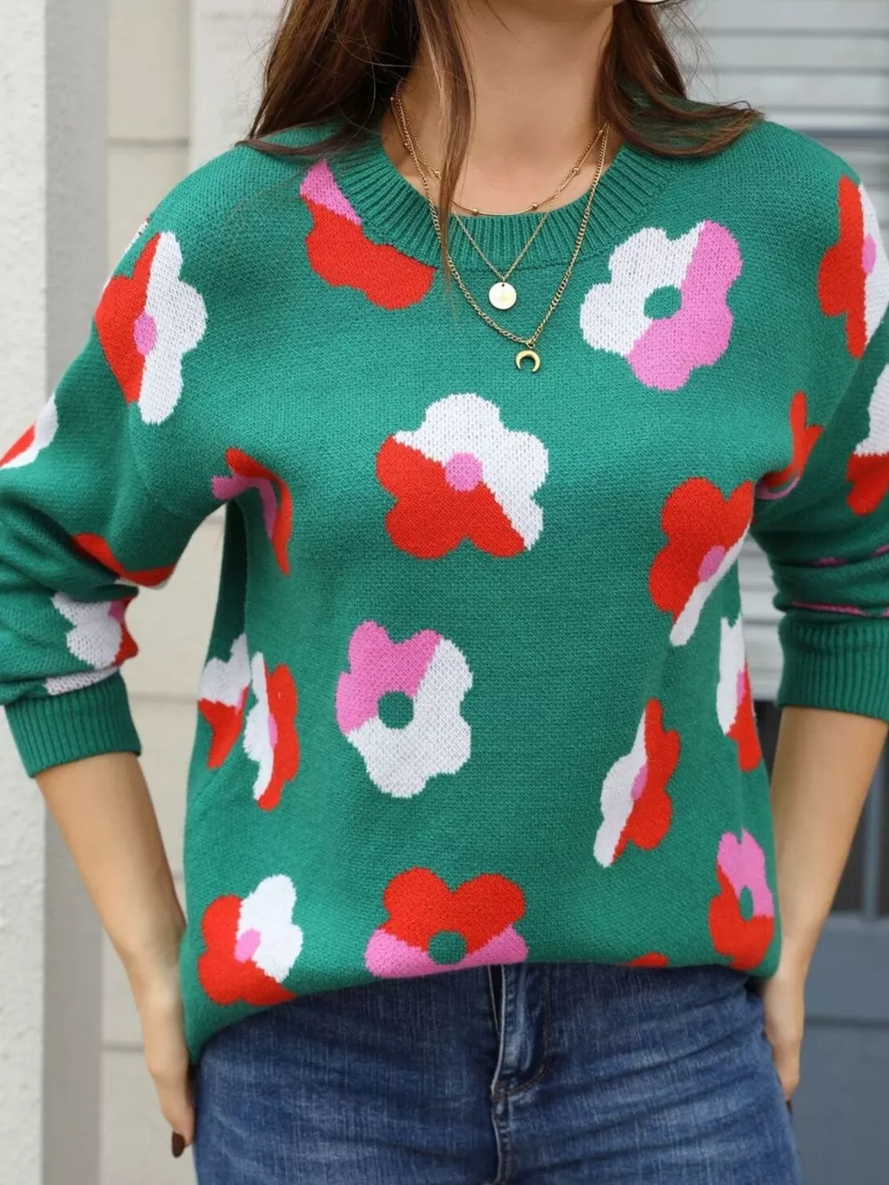 Floral Crew Neck Long Sleeve Sweater, image 6
