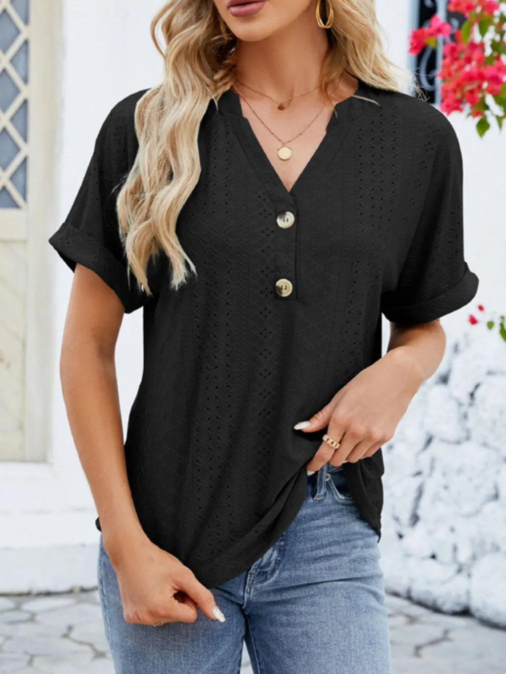 Eyelet Notched Short Sleeve Blouse, image 8