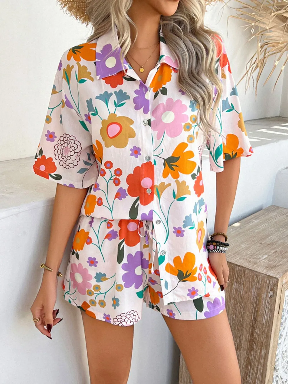 Printed Button Down Shirt and Shorts Set, image 8