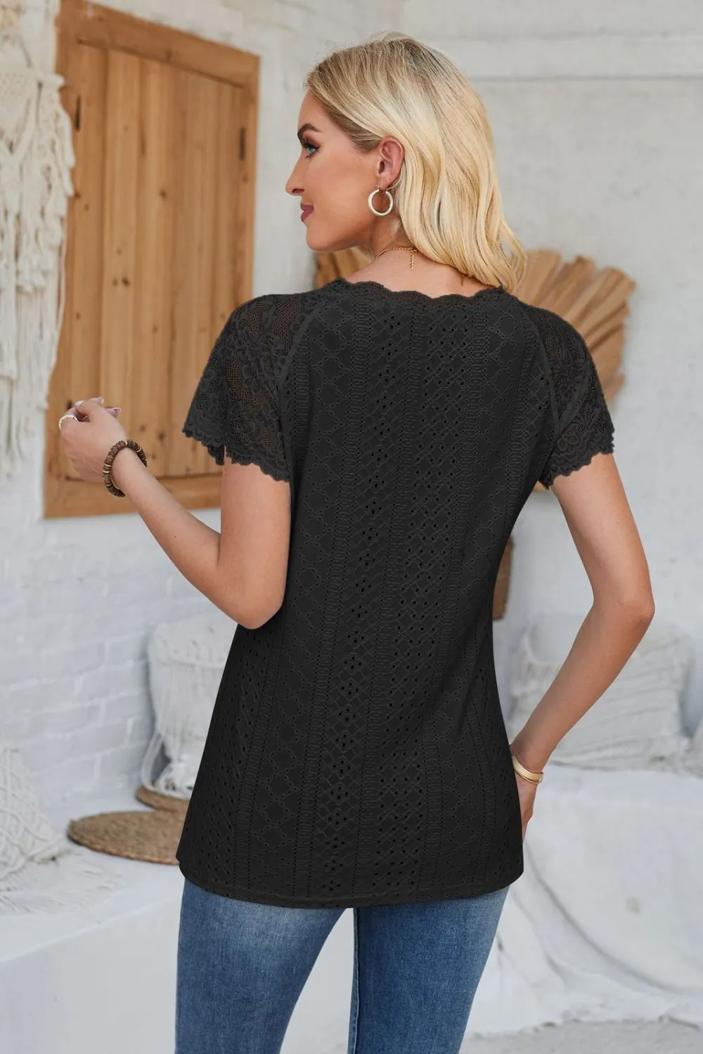 Eyelet V-Neck Lace Short Sleeve T-Shirt, image 8