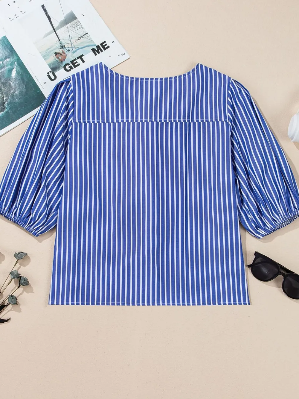 Stripe Tied Front Puff Short Sleeve Top, image 4
