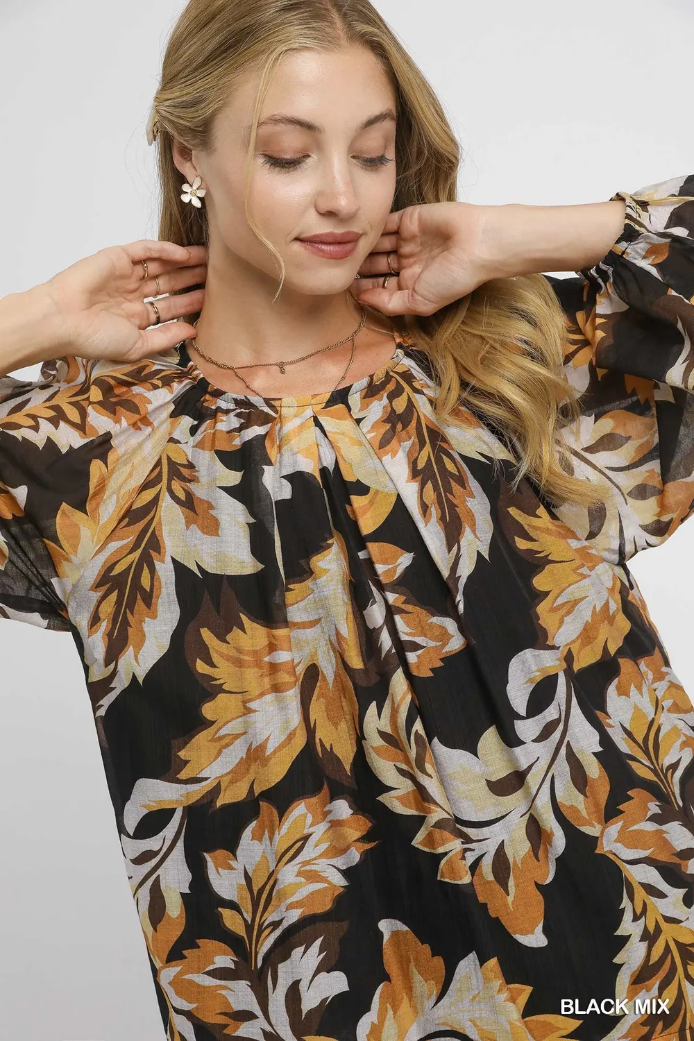 Autumn Leaf Print Balloon Sleeve Blouse, image 5