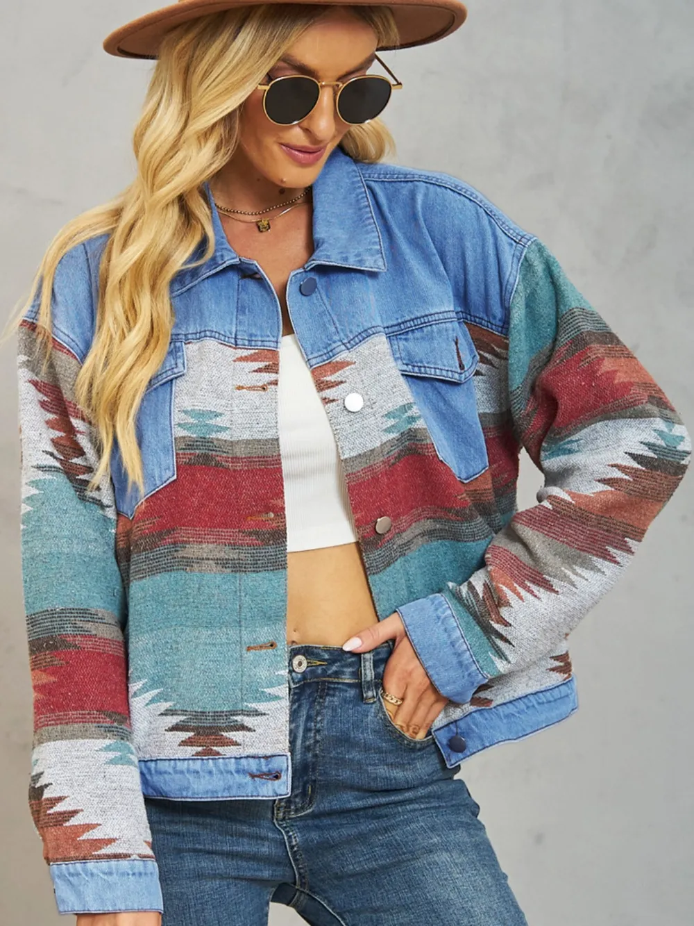 Geometric Button Up Dropped Shoulder Denim Jacket, image 3