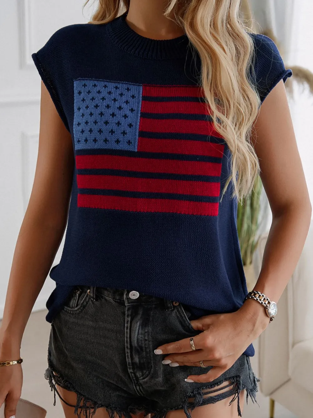 US Flag Round Neck Sweater Vest, image 12