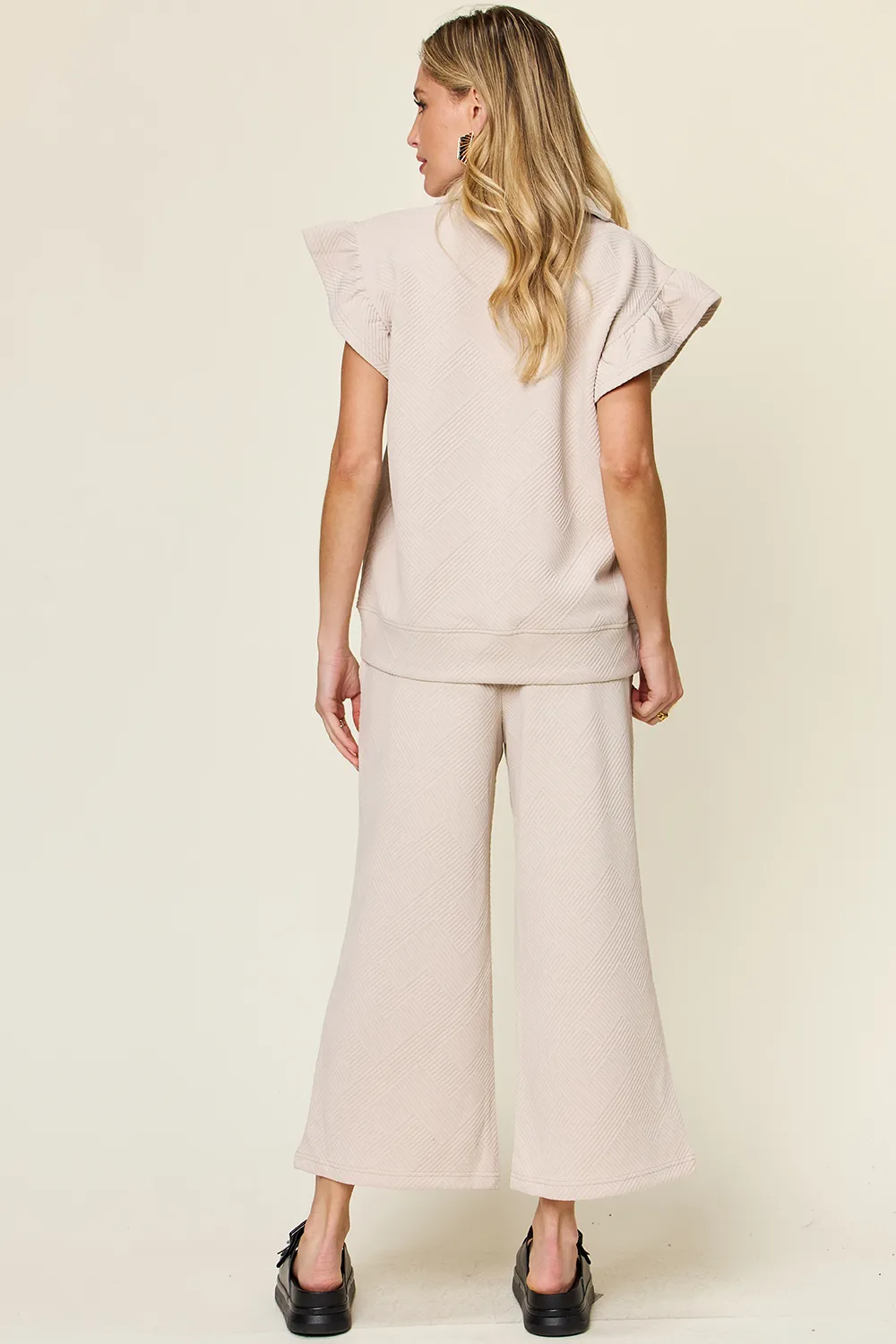 Texture Ruffle Short Sleeve Top and Drawstring Wide Leg Pants Set, image 14