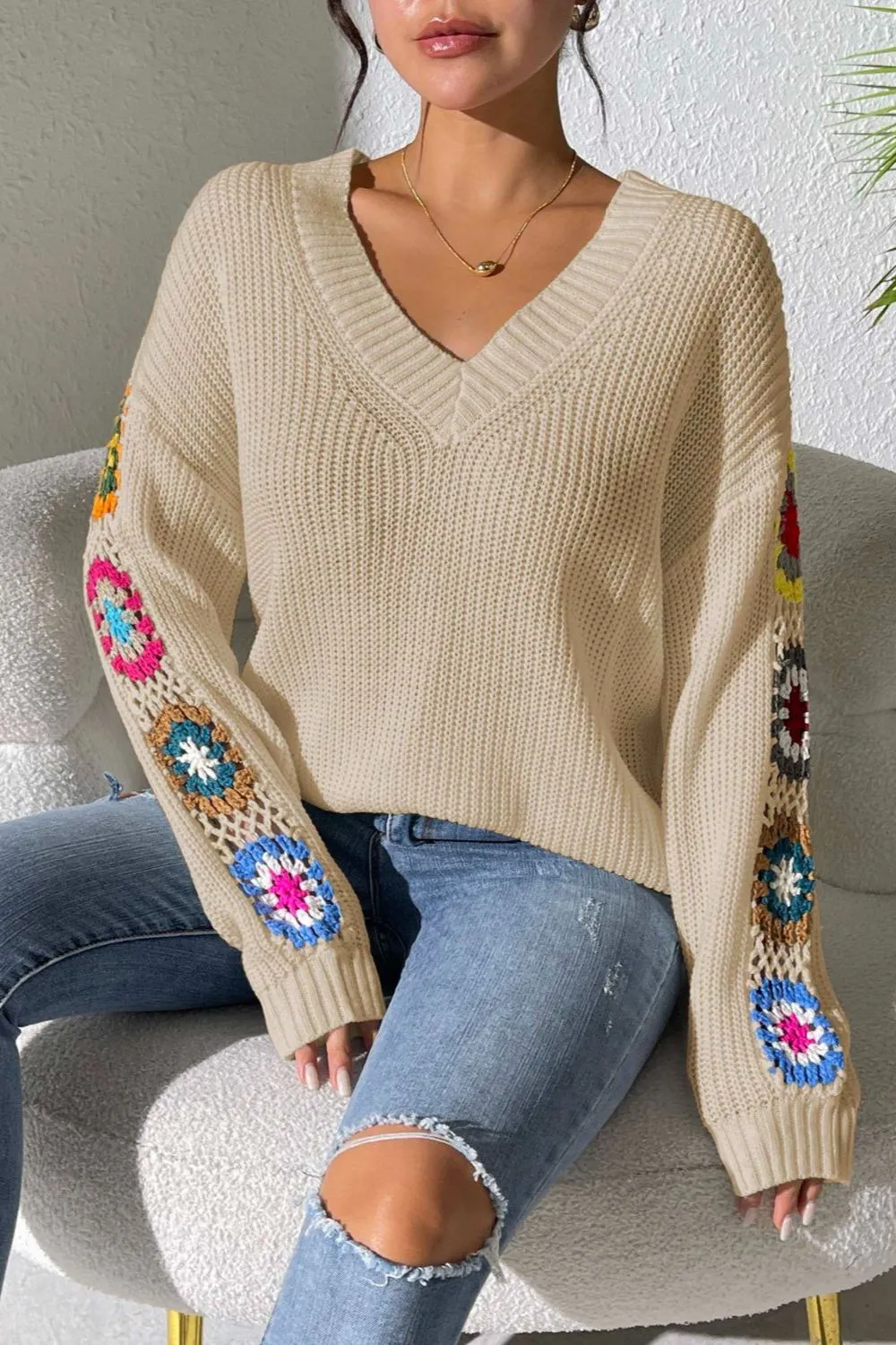 Crochet Flower V-Neck Sweater, image 16
