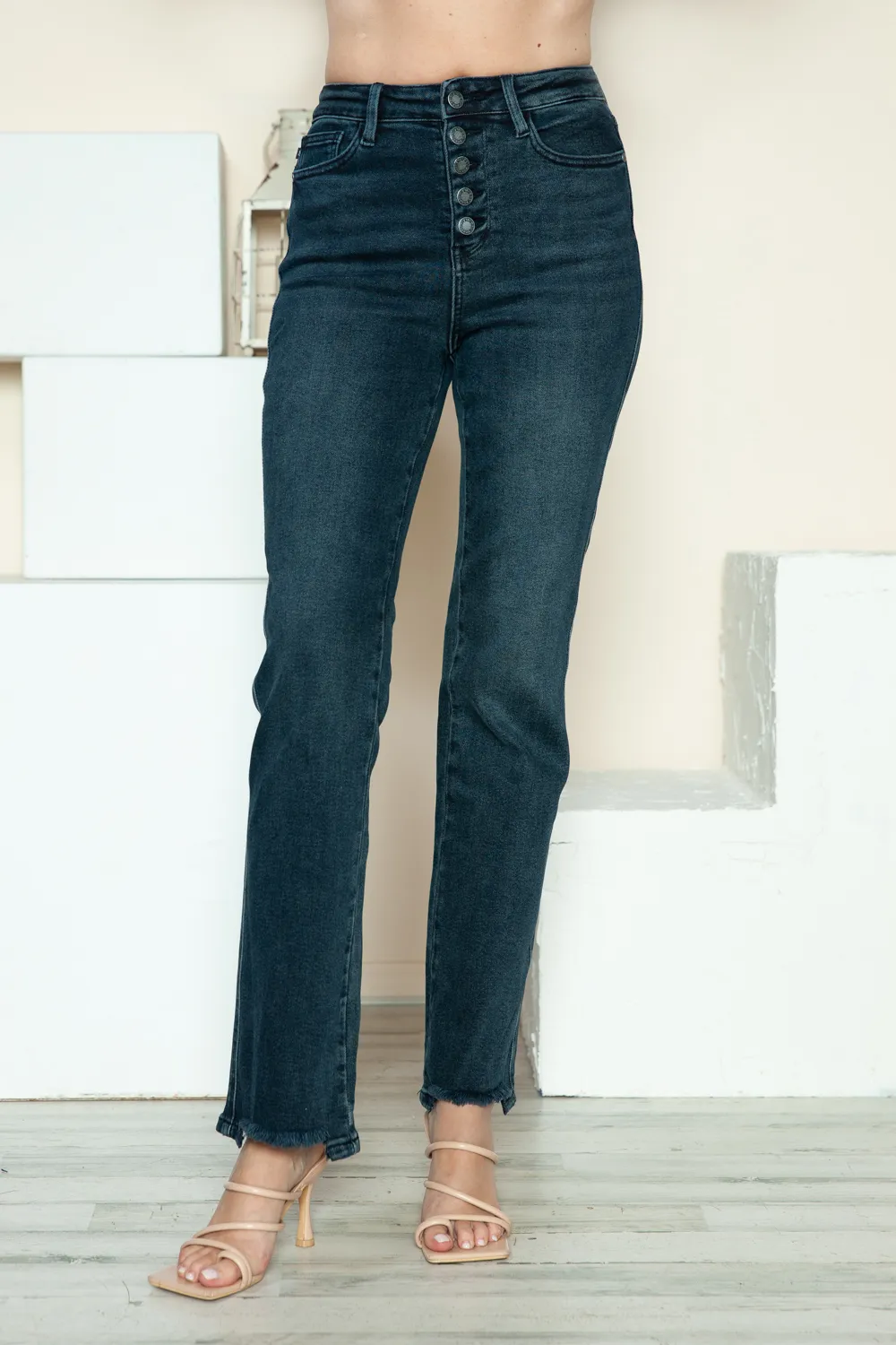 Full Size Button Fly Hem Destroy Straight Jeans, image 6