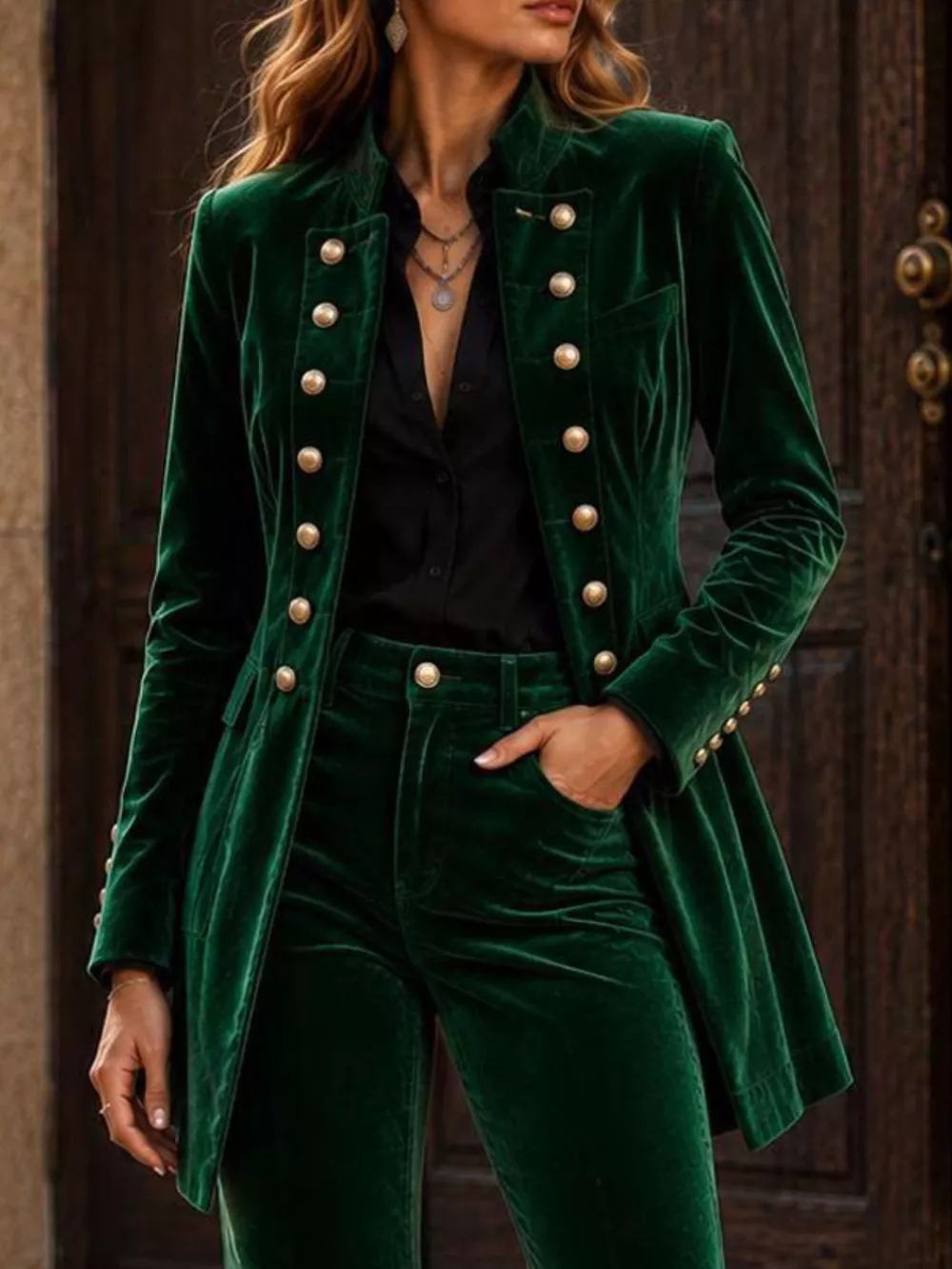 Velvet Double-Breasted Blazer and Flare Pants Set, image 2