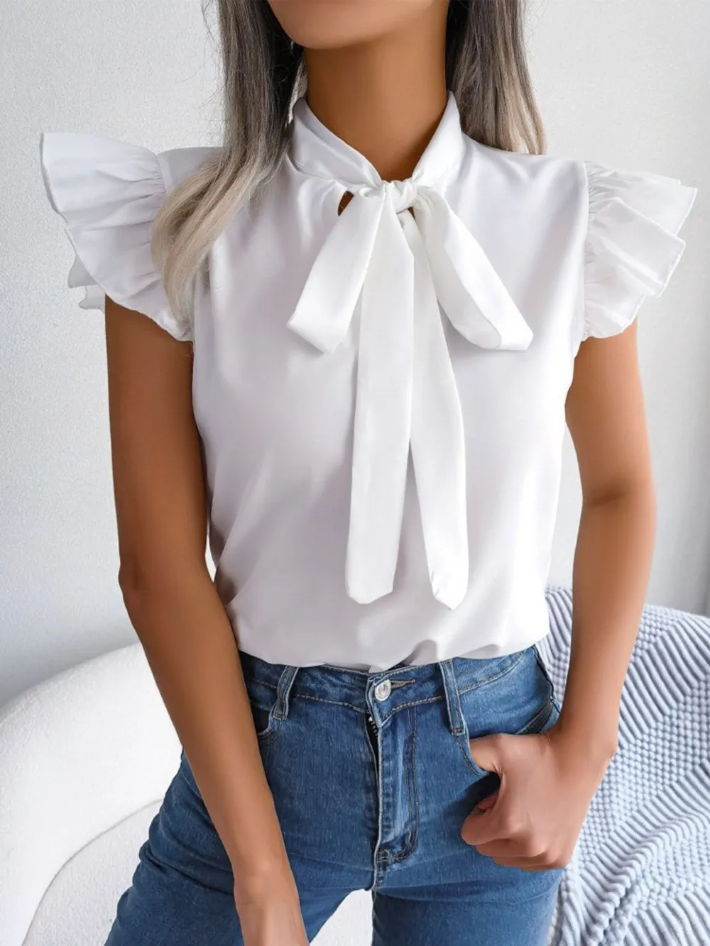 Ruffle Cap Sleeve Bow Tie Blouse, image 9