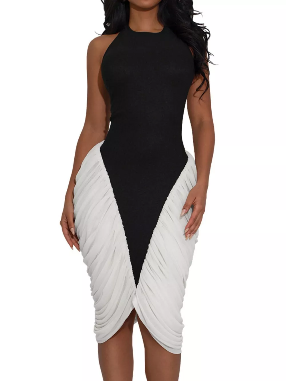 Two-Tone Sleeveless Ruched Midi Dress, image 4