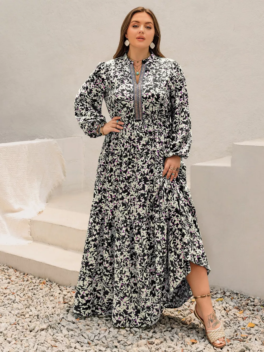 Plus Size Floral Print Long Sleeve Tiered Maxi Dress, image 5