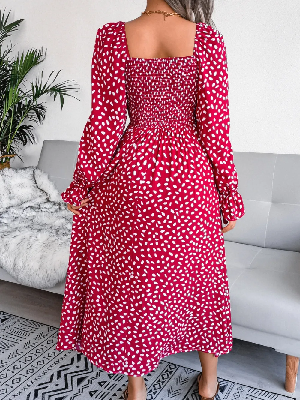 Smocked Square Neck Flounce Sleeve Dress, image 7