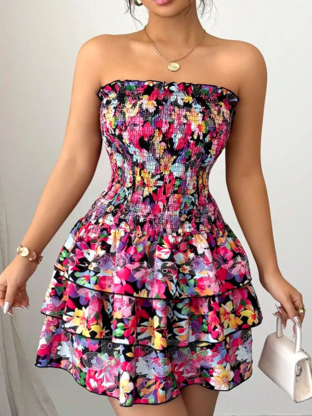 Strapless Smocked Floral Tiered Mini Dress, image 2