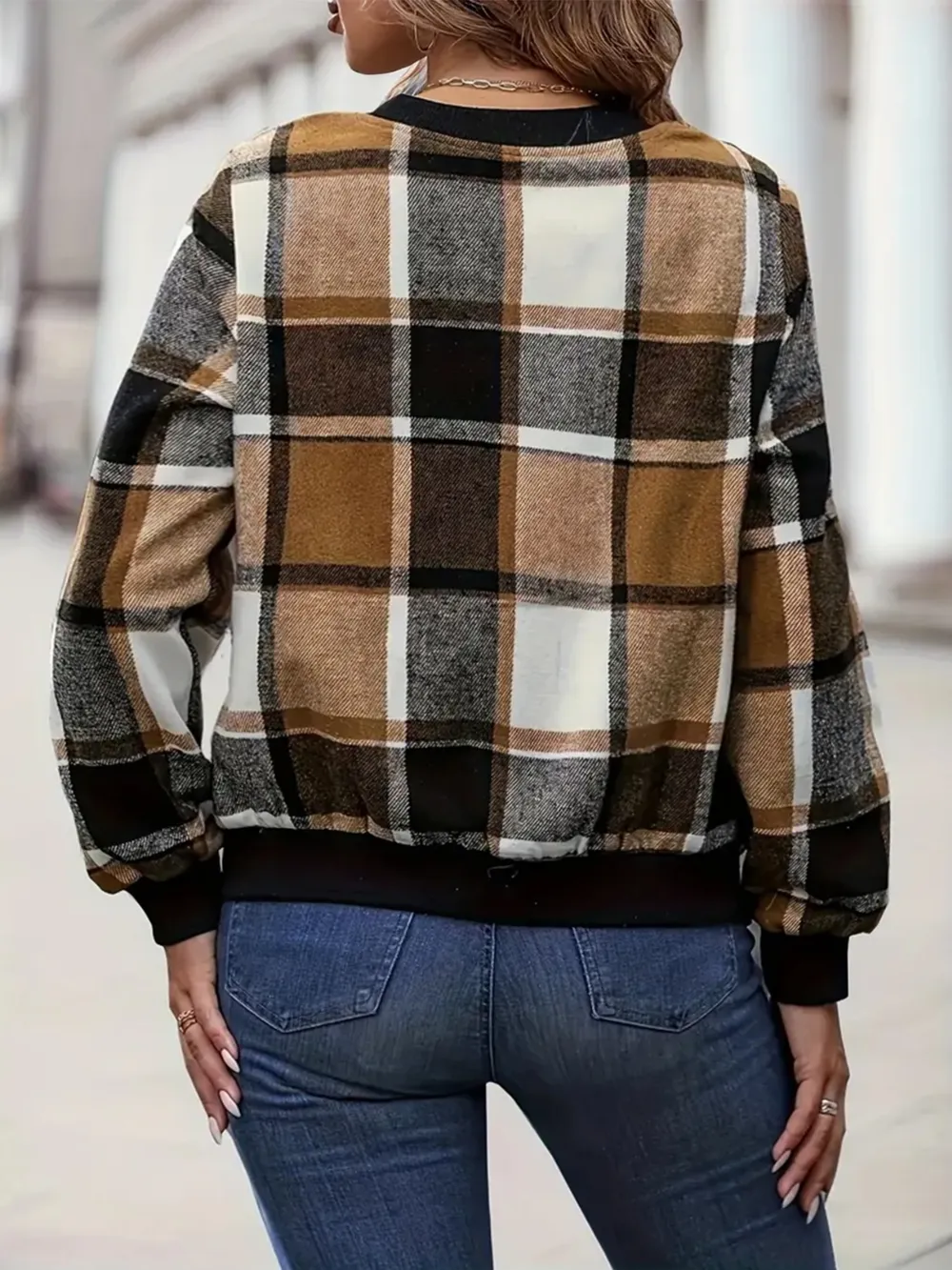 Plus Size Plaid Baseball Collar Zip Up Jacket, image 6