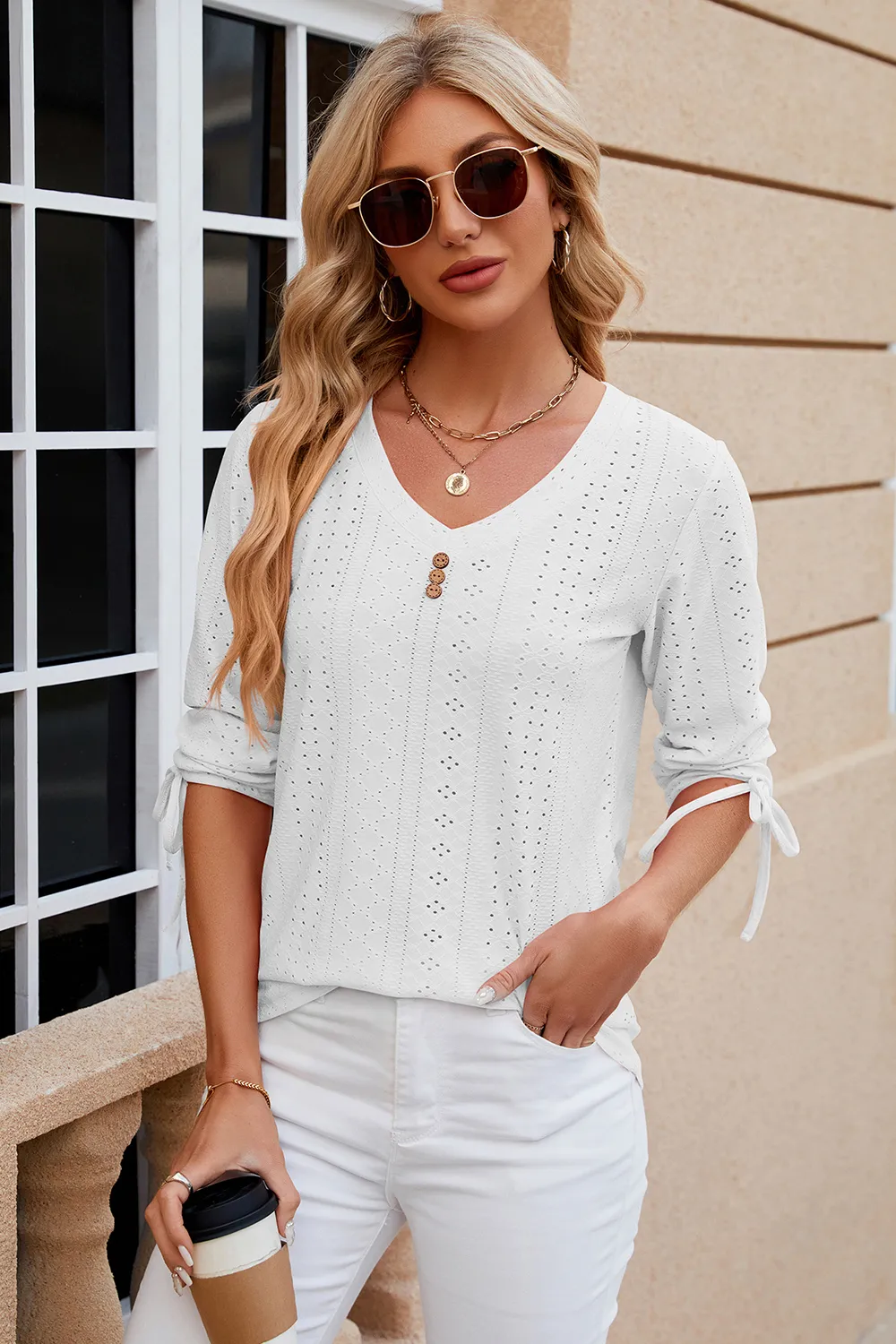 Eyelet Drawstring V-Neck Half Sleeve T-Shirt, image 13