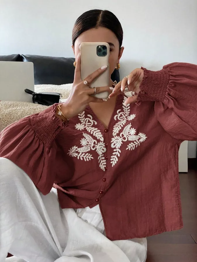 Embroidered Notched Long Sleeve Blouse, image 15