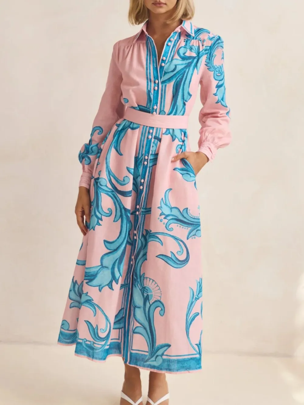 Printed Button Down Belted Shirt Dress, image 11