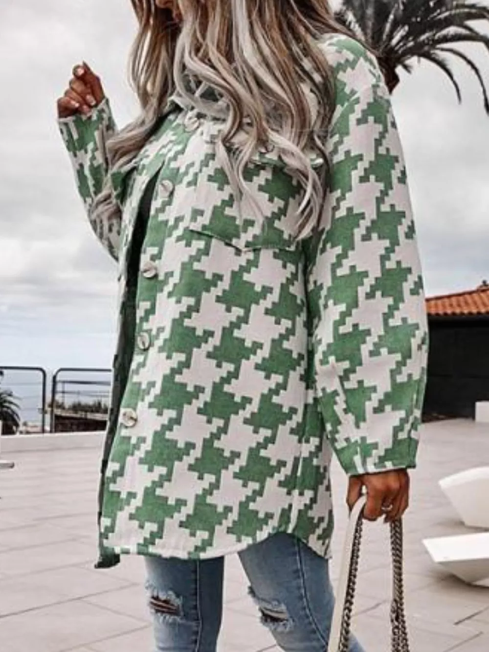 Houndstooth Button Up Long Sleeve Outerwear, image 9