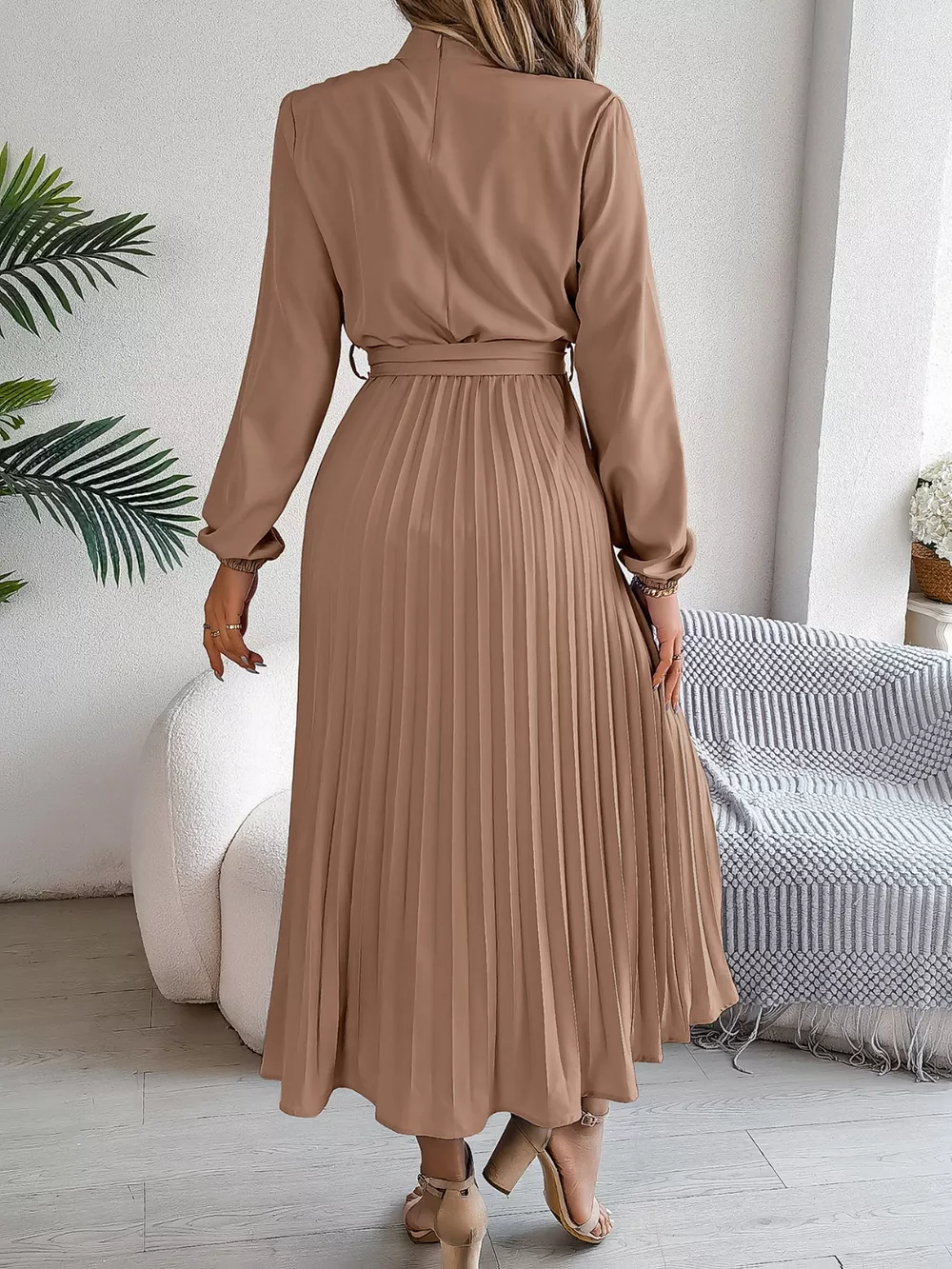 Mock Neck Pleated Midi Dress, image 8