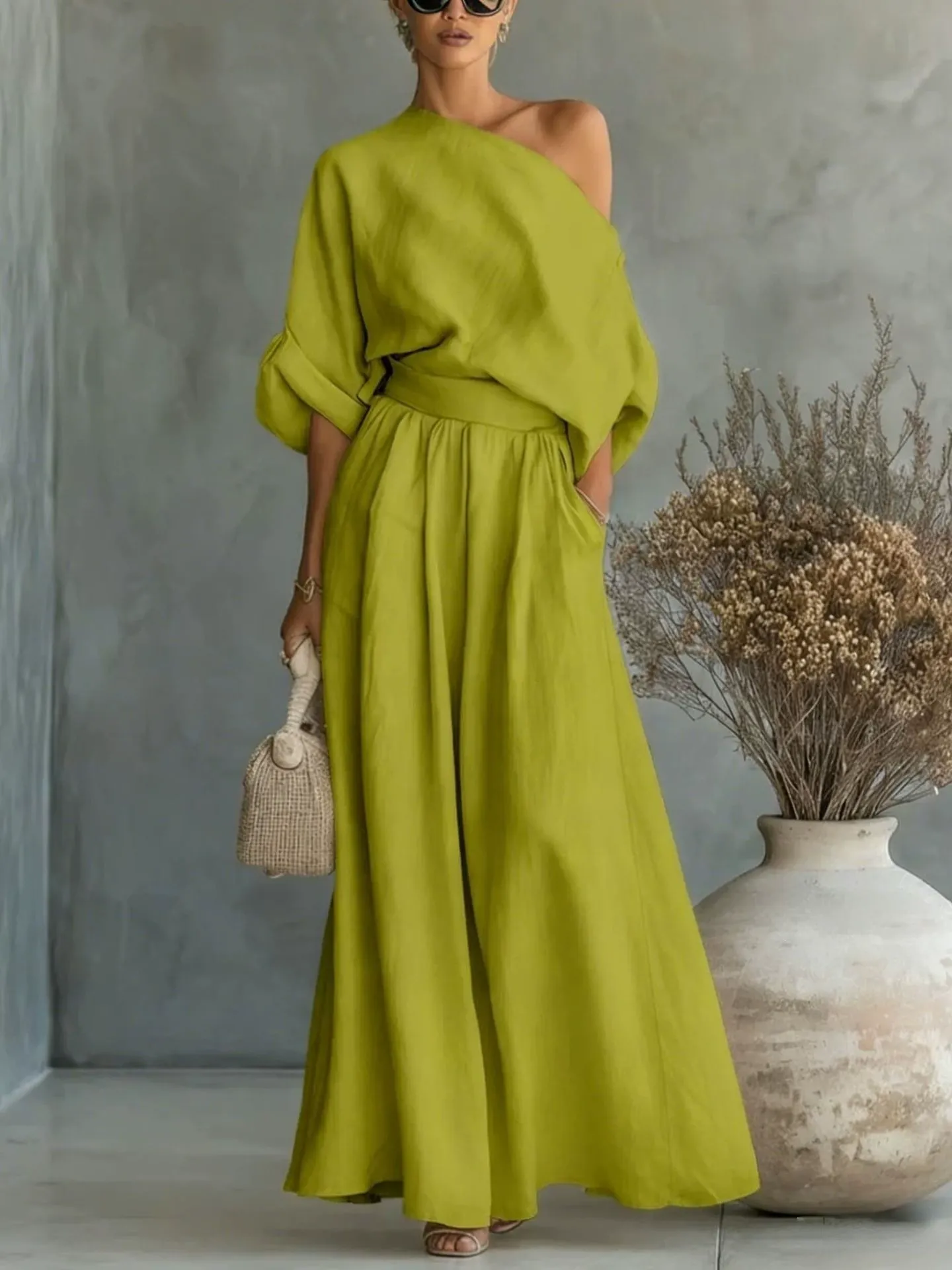 Full Size One Shoulder Top and Wide Leg Pants Set Plus Size, image 17
