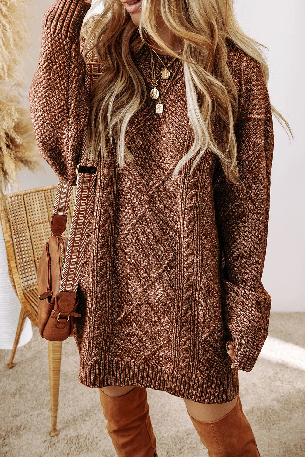 Cable-Knit Round Neck Sweater Dress, image 8