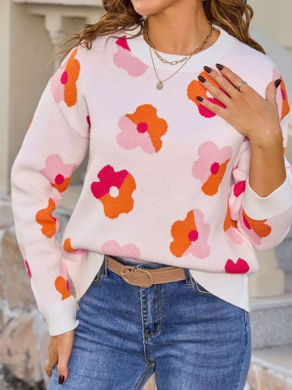 Floral Crew Neck Long Sleeve Sweater, image 13