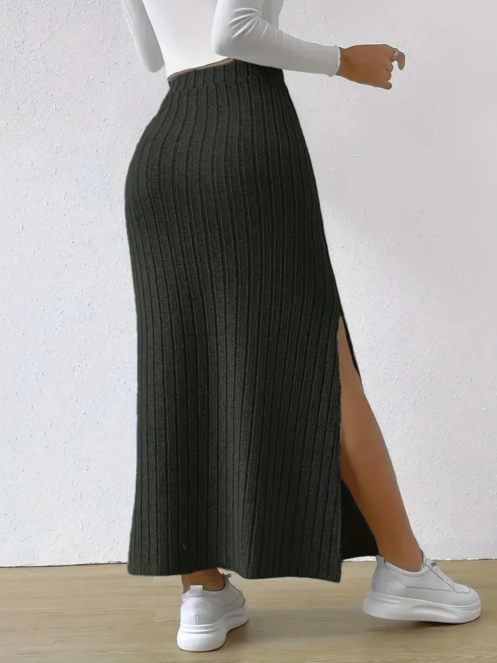 High Waist Ribbed Knit Maxi Skirt, image 5