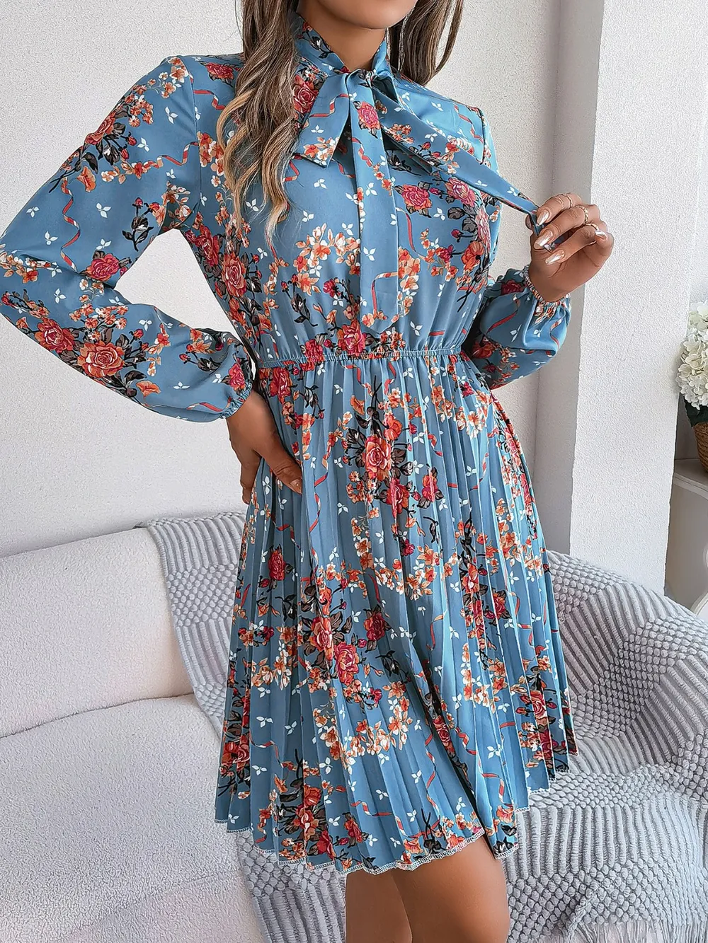 Pleated Printed Tie Neck Long Sleeve Dress, image 14