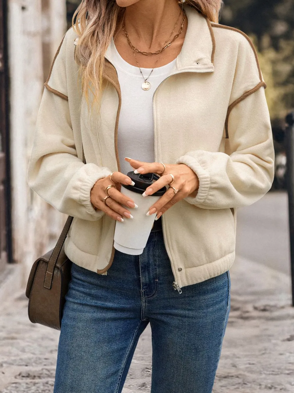 Zip Up Dropped Shoulder Polar Fleece Jacket, image 3
