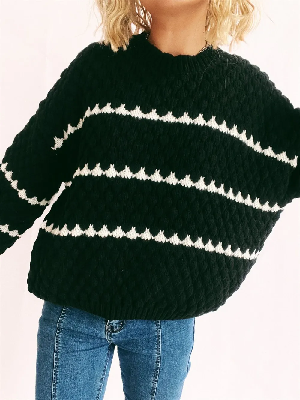 Contrast Stripes Round Neck Long Sleeve Sweater, image 7
