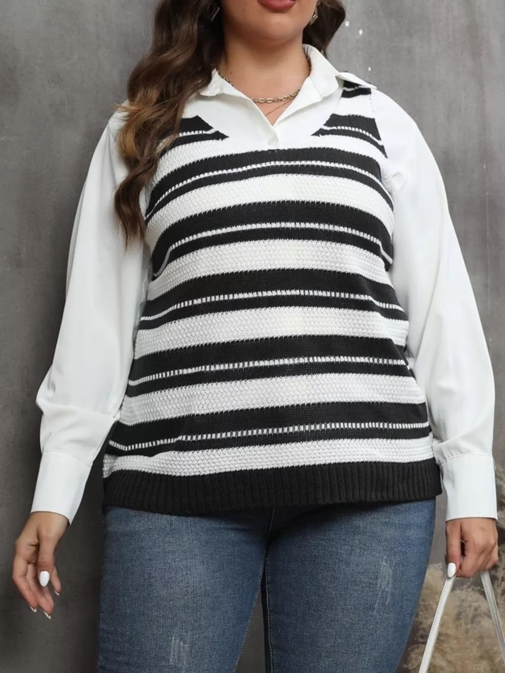 Plus Size Striped V-Neck Knit Sweater Vest, image 11