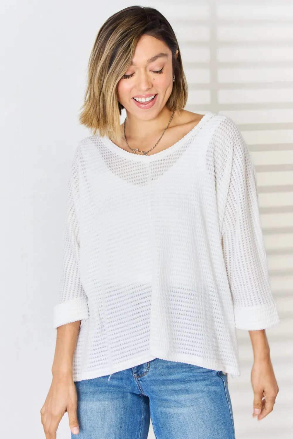 Full Size Waffle Knit V-Neck Long Sleeve Slit Top, image 2